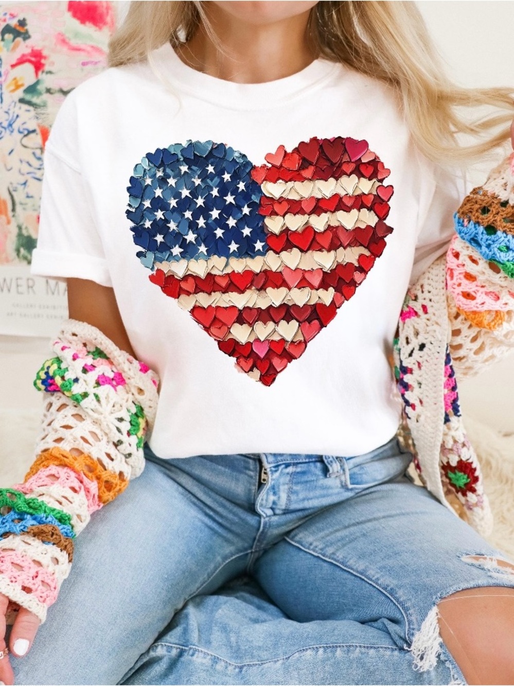 4th Of July Heart Brushstroke Hand Drawn Heart Design Custom Tee